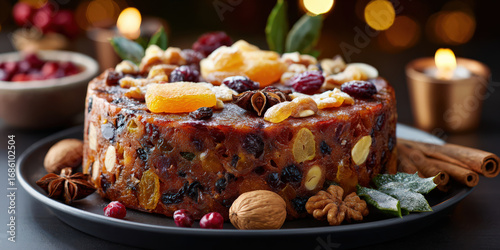 Fototapeta Naklejka Na Ścianę i Meble -  Rich fruitcake adorned with dried fruits and nuts, creating festive and warm atmosphere. cake is surrounded by candles and spices, enhancing holiday spirit