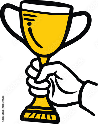 A hand holding a trophy cup icon, symbolizing achievement and success.