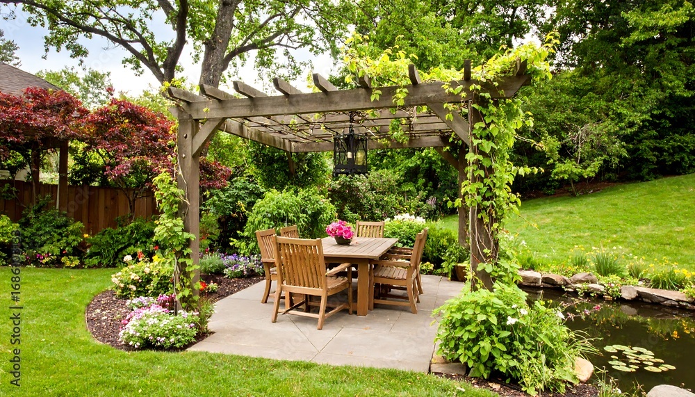 Obraz premium Outdoor dining area under pergola