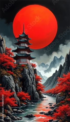 Serene Oriental Landscape with Pagodas, Bridge, and Majestic Mountains Under Red Sun