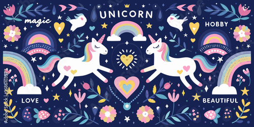 Whimsical illustration of two white unicorns with rainbow manes and tails surrounded by magical elements like rainbows stars hearts and flowers on a dark blue background