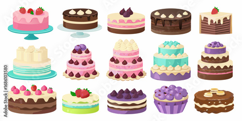 Collection of colorful and delicious cartoon cakes with various decorations and flavors