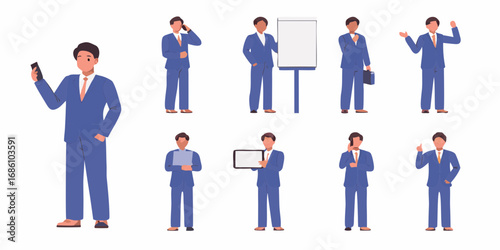 Collection of businessmen in blue suits performing various actions and holding devices