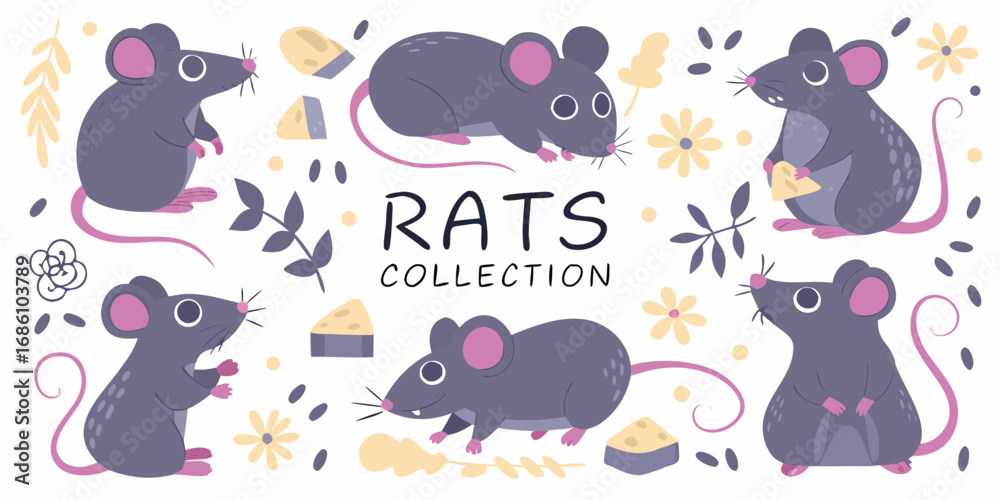 Fototapeta premium Cute cartoon rats collection with cheese and floral elements in a playful flat design style
