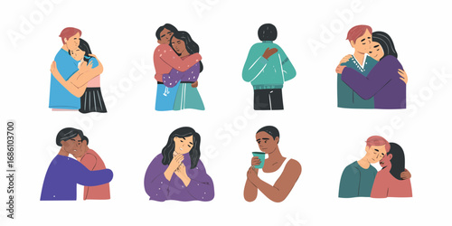 Diverse people embracing and showing affection and comfort in various emotional states