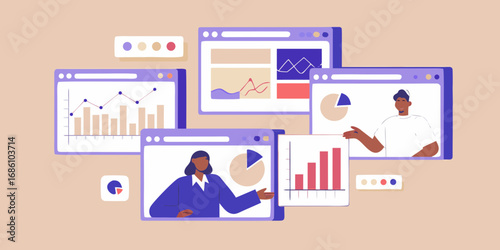Diverse professionals presenting data analytics and financial reports on computer screens