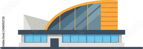A modern building featuring a curved roof and large windows, set against a clear blue sky.