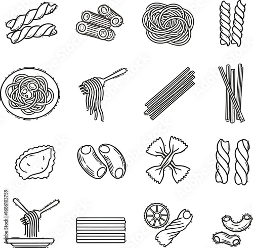Diverse collection of iconic pasta shapes hand-drawn with charming sketch style for culinary inspiration