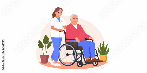 Caring nurse assisting elderly man in a wheelchair with plants in the background