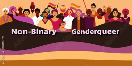 Diverse group of people celebrating gender identity and pride with non binary and genderqueer flags