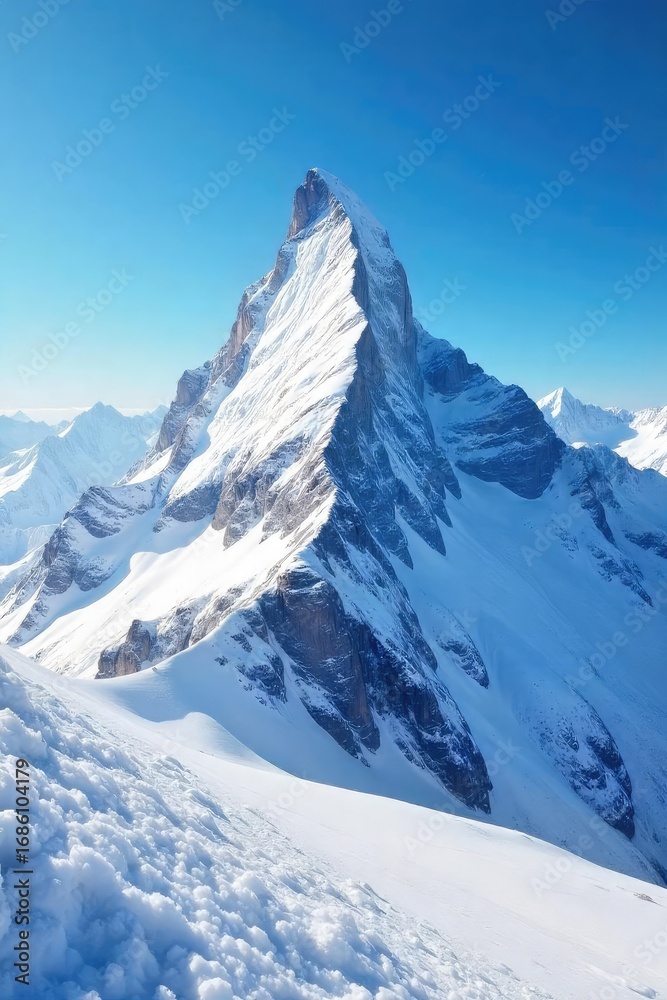 Obraz premium Majestic snow-capped mountain peak piercing a vibrant blue sky, untouched pristine snow blankets the slopes, a breathtaking winter wonderland scene , clouds, stunning