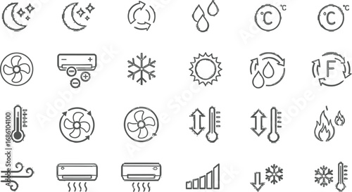 Modern climate control icons set for HVAC systems, weather, and temperature adjustments