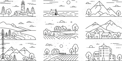 Charming minimalist line art scenes depict diverse landscapes and rural life with a clean, modern aesthetic appeal
