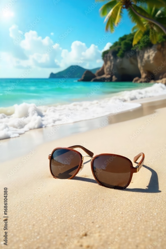 Obraz premium Relaxing beach scene with sunglasses resting on soft sand, ocean waves gently lapping the shore, sunny day, perfect summer vacation vibe, tropical paradise, coastal getaway , serenity, shells, sun