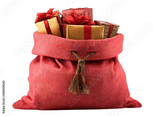 Santas sack full of christmas presents isolated on transparent background for giving.