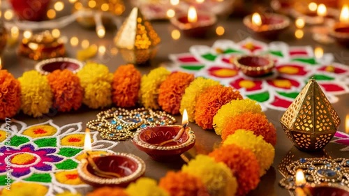 Festival of lights celebration with traditional Indian decorations. Lit clay oil lamps, marigold flower garlands, and colorful rangoli patterns.