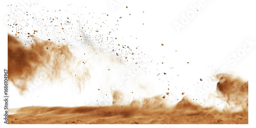 Dusty sandstorm scene with airborne particles concept. Beautiful crashing wave with sand and water splashing energetically.