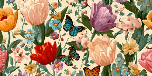 Vibrant floral pattern featuring tulips, daisies, and butterflies creates whimsical and lively design. colorful flowers and butterflies are set against light background, adding cheerful touch