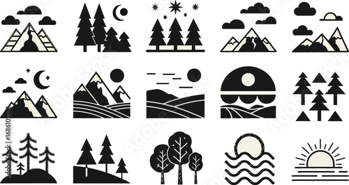 Explore nature's beauty with these charming mountain and forest icons for your next outdoor adventure project
