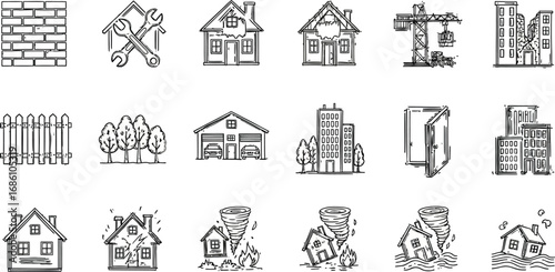 Hand drawn homes, buildings, and disasters showcase construction and real estate concepts in a modern design