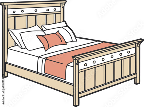 A wooden bed frame adorned with vibrant orange pillows, creating a warm and inviting atmosphere.