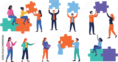 Diverse team assembling jigsaw puzzle pieces, symbolizing teamwork, collaboration, and partnership success