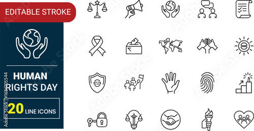 Human Rights Outline Vector Icons | Social Justice, Equality, Unity, Peace, Dignity Symbols