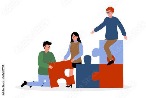 Group of friends working together to assemble large colorful jigsaw puzzle pieces indoors