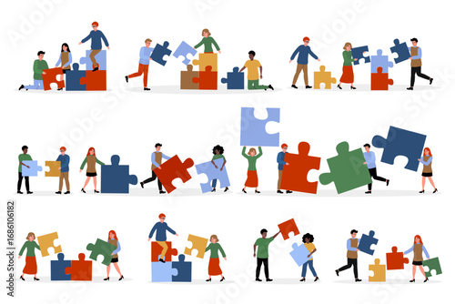 Group of people assembling colorful puzzle pieces in a collaborative activity