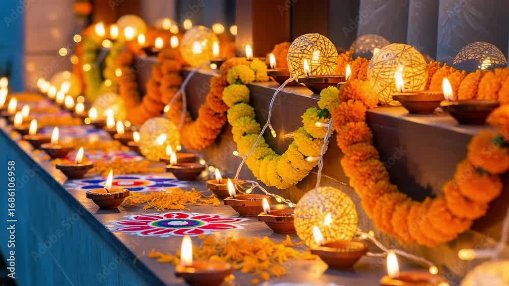 Dwailli Traditional Indian festival decorations for Diwali. Lit clay Diya lamps ...