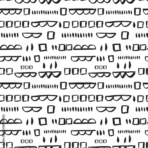 Black and white design with an array of geometric shapes creating a striking visual pattern.