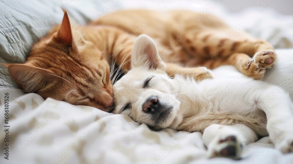 Obraz premium Cats and Dogs Sleeping Images, capturing warm moments of cats and dogs sleeping together, including scenes of cats and dogs cuddling to sleep on the sofa, snuggling in pet beds, and sleeping lazily on