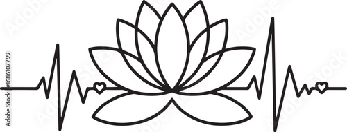 Lotus Flower and Heartbeat Line Art Illustration for Wellness and Spiritual Designs Promoting Inner Peace