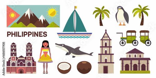 Collection of philippine cultural icons and landmarks representing the countrys heritage and attractions