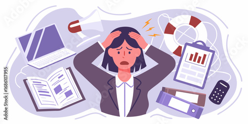 Overwhelmed businesswoman struggling with stress and workload surrounded by office chaos and a life preserver