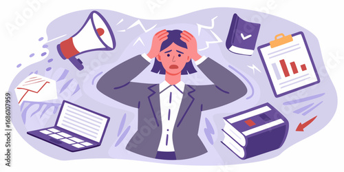 Overwhelmed businesswoman feeling stressed and overloaded with work and tasks surrounding her