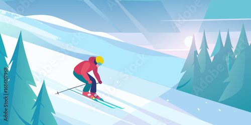 Stylized illustration of a skier descending a snow covered mountain slope with pine trees and a bright sun in the background