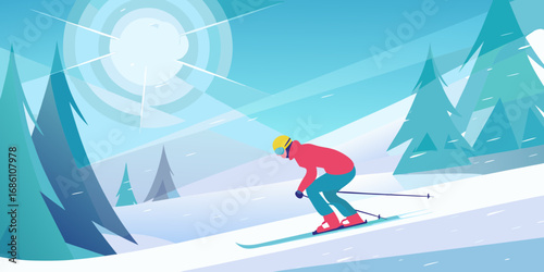 Skier in colorful attire gracefully descends a snowy mountain slope under a bright sun and blue sky