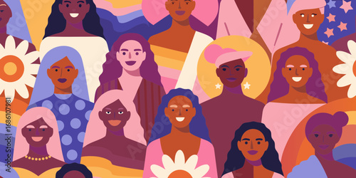Diverse group of women with various hairstyles and skin tones celebrating together in a colorful illustration