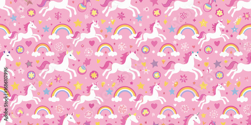 Whimsical pattern of white unicorns with pink manes and tails jumping over rainbows and surrounded by stars and hearts on a pink background