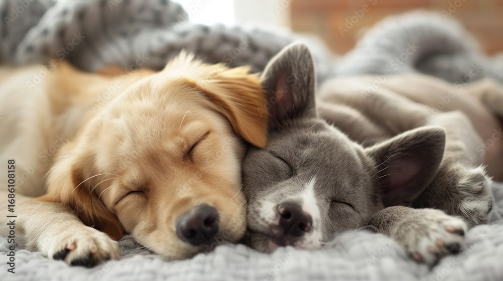 Obraz premium Cats and Dogs Sleeping Images, capturing warm moments of cats and dogs sleeping together, including scenes of cats and dogs cuddling to sleep on the sofa, snuggling in pet beds, and sleeping lazily on
