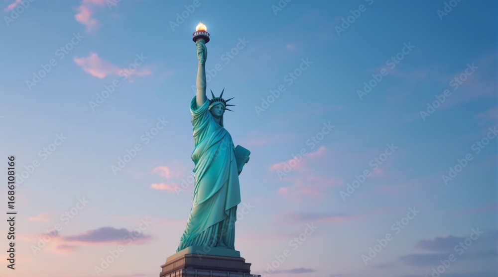 Fototapeta premium Statue of Liberty: Iconic American Landmark at Sunset