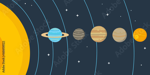 Stylized illustration of the solar system with the sun and planets in orbit against a dark starry background