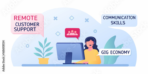 Woman working remotely as a customer support agent with headset and computer
