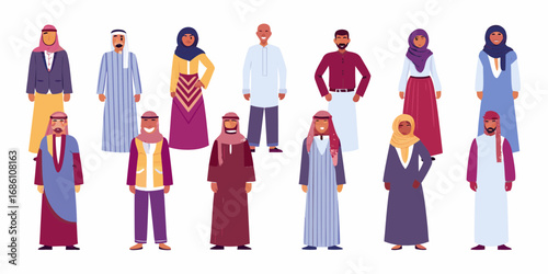 Diverse group of men and women wearing traditional middle eastern clothing standing together
