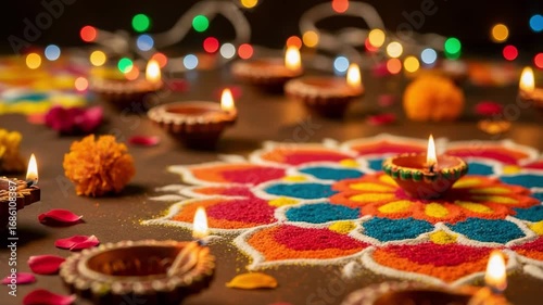Vibrant colorful rangoli with lit clay diya lamps and flowers for the Indian festival of lights, Diwali celebration.