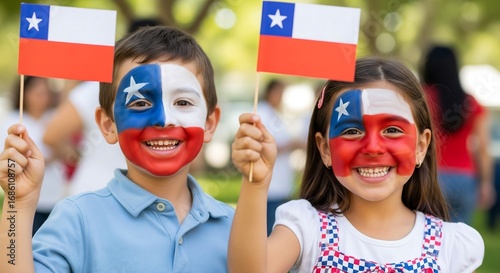 Chilean kids celebrating Independence Day with flags painted on their faces.