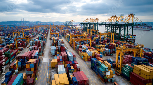 Cargo ship loading containers at a busy port