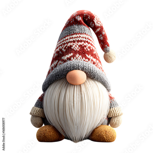 Festive christmas gnome isolated on transparent background wearing a knitted hat.