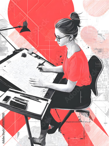 Young female illustrator focused on her drawing at a drafting table.